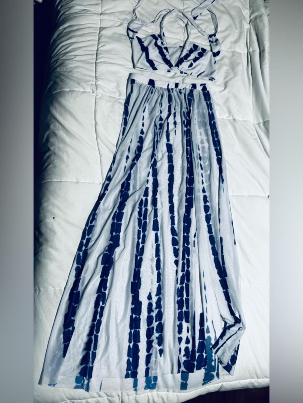 Blue and White Printed sheer beach Maxi Skirt & Bikini Lounge top Small